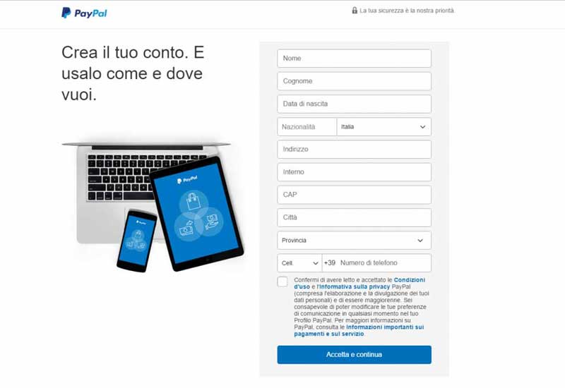 PayPal: registrazione, dati