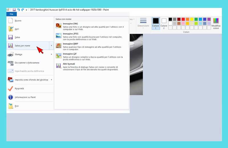 Ritagliare immagine con Paint: menu Salva