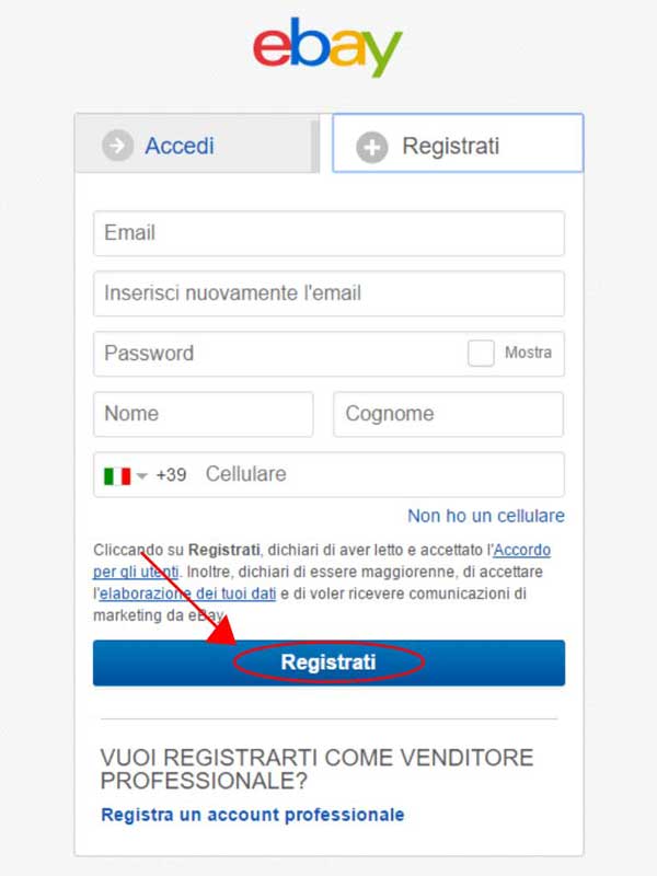 Iscrizione eBay: registrati