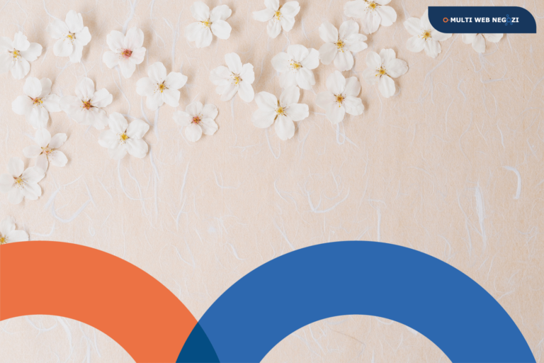 Fiori bianchi primaverili su sfondo rosa chiaro con grafiche ad arco arancione e blu e logo Multi Web Negozi.