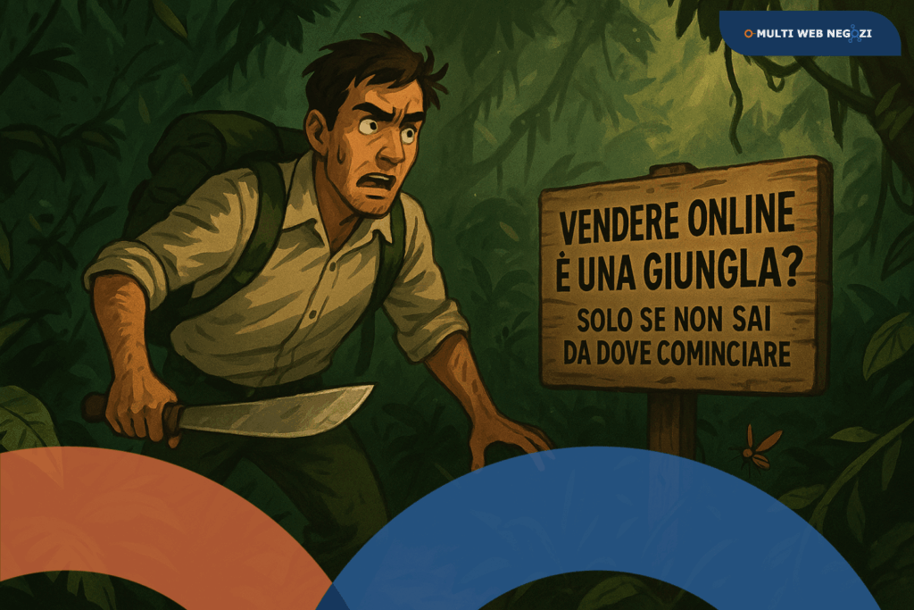 Uomo che si fa strada con un machete nella giungla davanti a un cartello con la scritta "Vendere online è una giungla? Solo se non sai da dove cominciare".