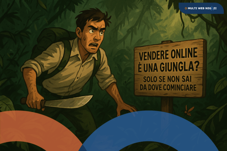 Uomo che si fa strada con un machete nella giungla davanti a un cartello con la scritta "Vendere online è una giungla? Solo se non sai da dove cominciare".