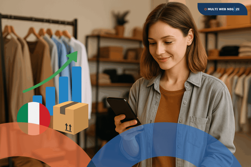 Commerciante italiana guarda lo smartphone in negozio, simboli di crescita e-commerce e Made in Italy.
