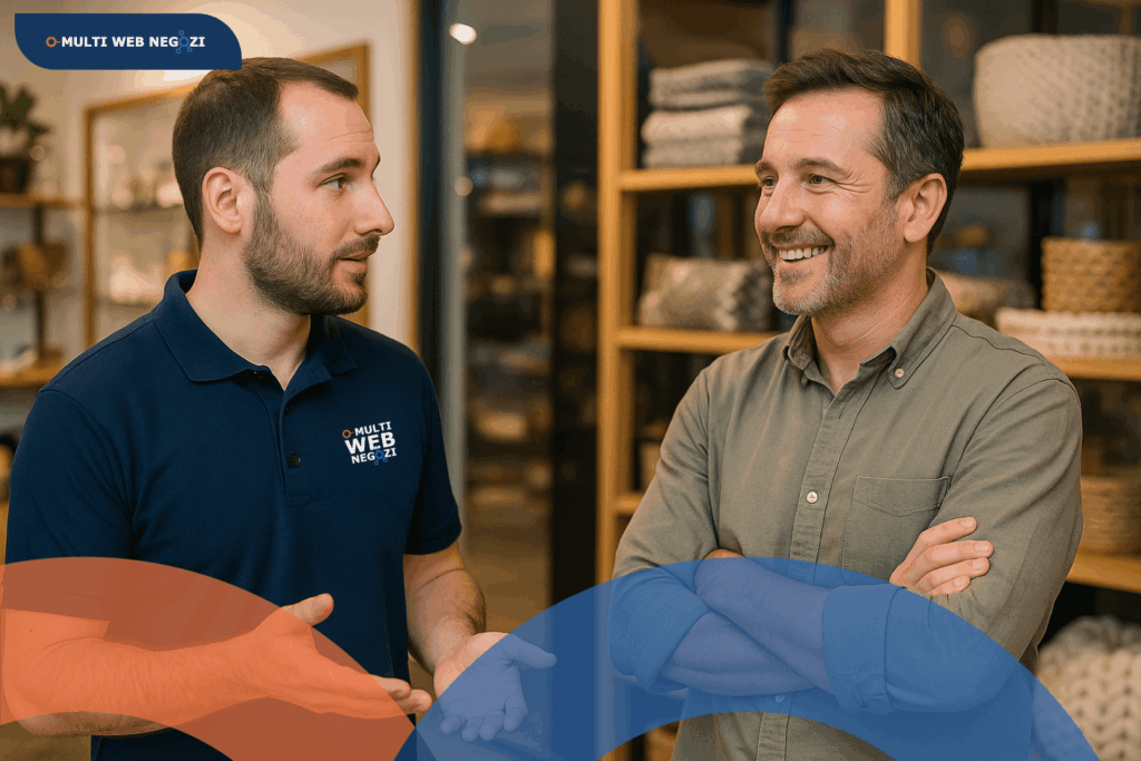 Consulente MultiWebNegozi con polo logata parla con un negoziante sorridente all’interno del suo punto vendita, durante un incontro di consulenza personalizzata.