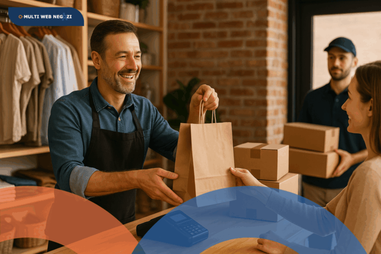 Negoziante sorridente in negozio consegna un sacchetto a una cliente, mentre un corriere attende vicino al banco con pacchi pronti per il ritiro.