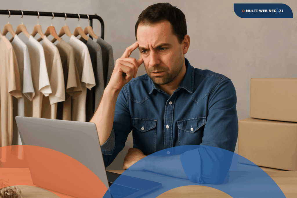 Uomo preoccupato davanti al computer in un negozio di abbigliamento, riflette sulla vendita online.