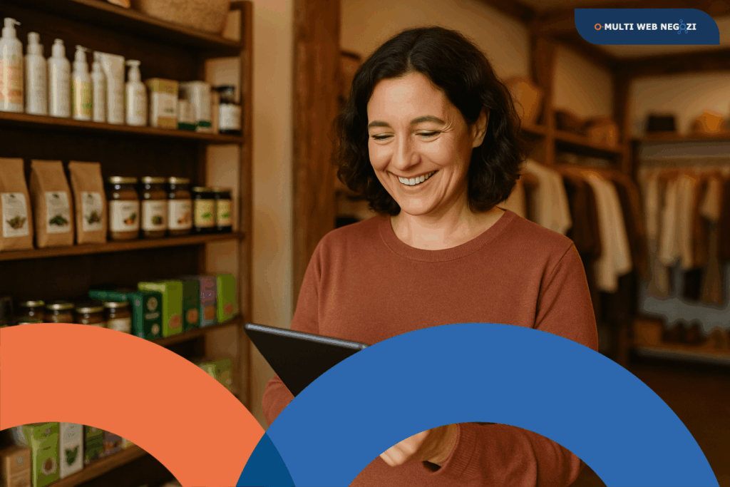 Donna sorridente guarda un tablet all’interno di un negozio naturale, circondata da scaffali con prodotti biologici.