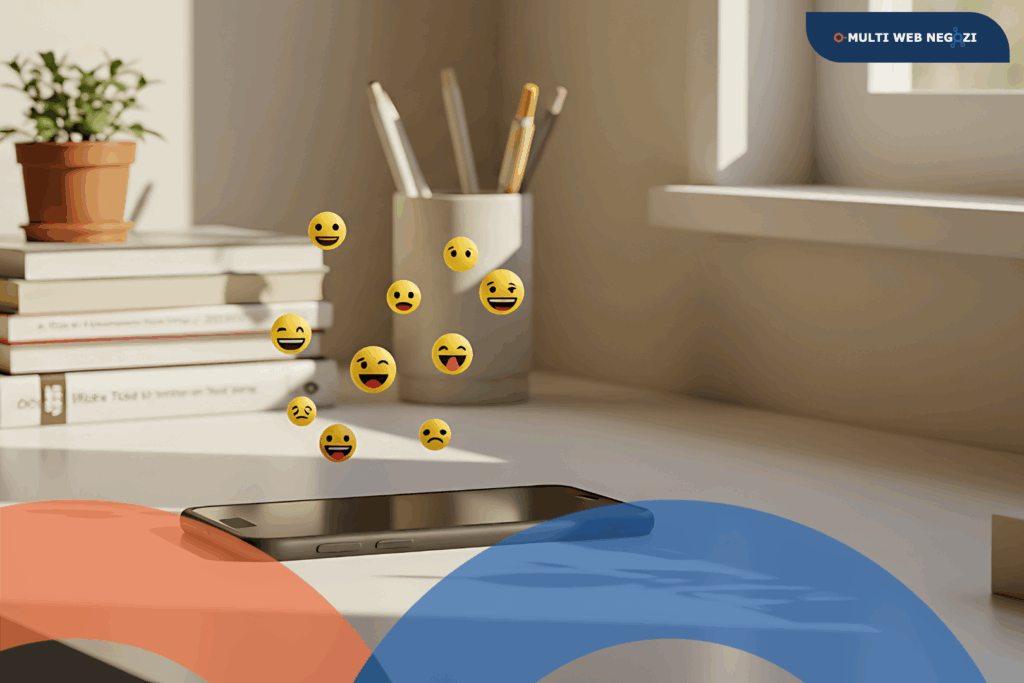 Smartphone su una scrivania moderna con diverse emoji 3D sorridenti e sorprendenti che fluttuano sopra di esso; sullo sfondo libri, una pianta, penne e una finestra luminosa.