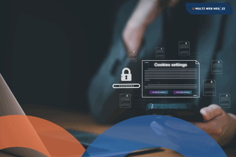 Interfaccia di gestione dei cookie su schermo digitale, con icona di lucchetto e scritta "Cookies settings", davanti a una persona che utilizza uno smartphone e un computer.