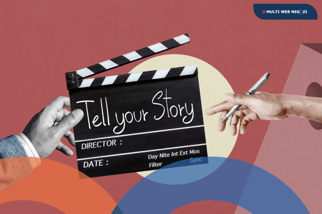 Ciak cinematografico con la scritta "Tell your Story", tenuto da una mano e affiancato da un’altra mano con una penna, su sfondo creativo e colorato.