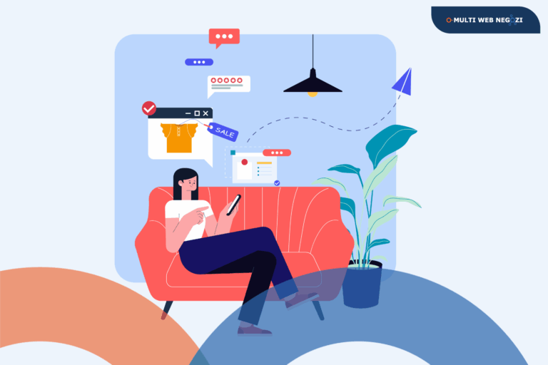 Illustrazione di una donna seduta sul divano con smartphone, circondata da icone digitali come offerte, recensioni e notifiche: rappresenta il sito web come commesso digitale sempre attivo.