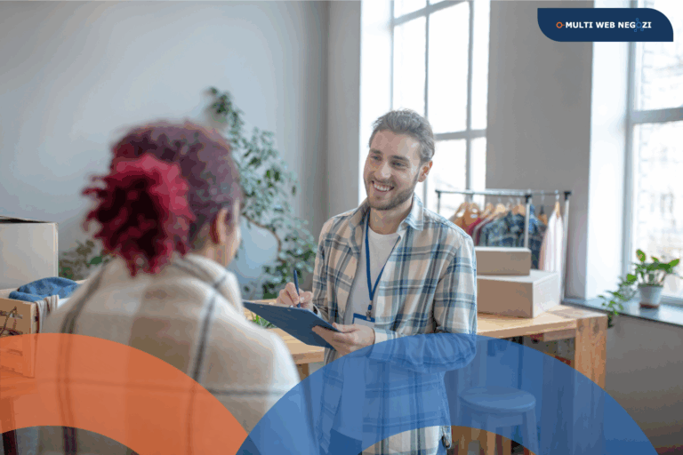 Commerciante che parla con una cliente in negozio, simbolo della relazione diretta e umana che mantiene vivo un punto vendita.