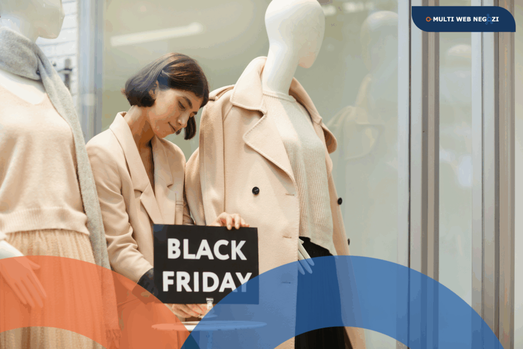 Commerciante che allestisce la vetrina per il Black Friday con un cartello promozionale, preparandosi alla settimana degli sconti.
