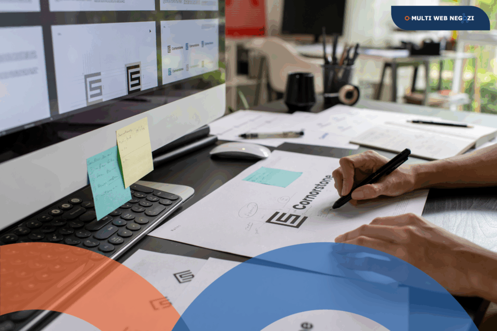 Persona che disegna e sviluppa un logo professionale su computer e carta, rappresentando la progettazione dell’identità visiva di un negozio.