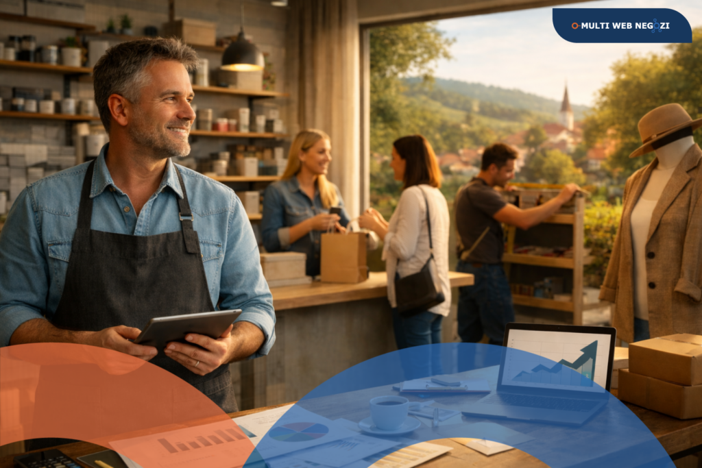 Commerciante nel proprio negozio mentre analizza dati di crescita su tablet, con clienti presenti e attività in corso, simbolo di crescita del negozio nel 2026.
