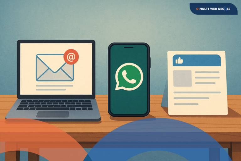 Illustrazione di una scrivania con laptop, smartphone e icona dei social network che rappresentano newsletter, WhatsApp e social media come strumenti di marketing per i negozi.