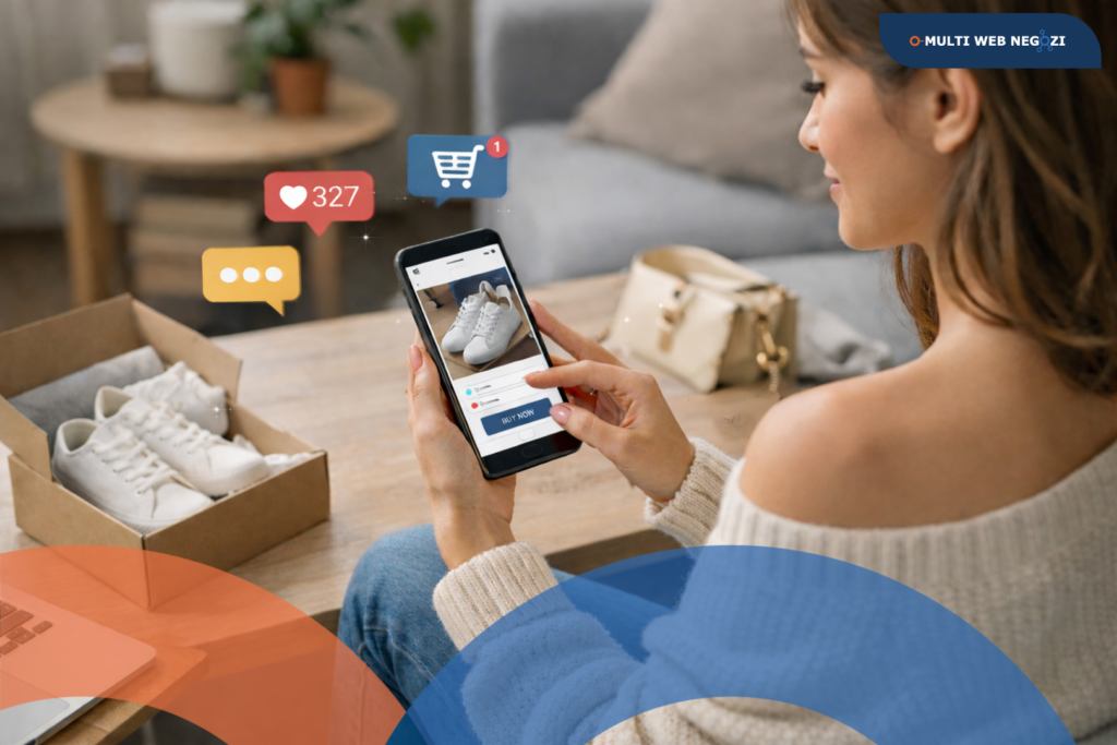 Cliente che acquista un prodotto tramite smartphone sui social media, esempio di social commerce per negozi