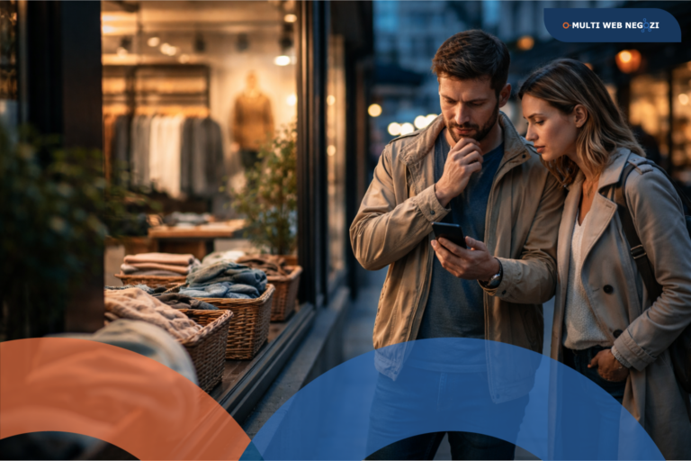 Coppia davanti alla vetrina di un negozio guarda lo smartphone mentre valuta un acquisto, simbolo di consumatori più attenti e indecisi in un contesto economico incerto.
