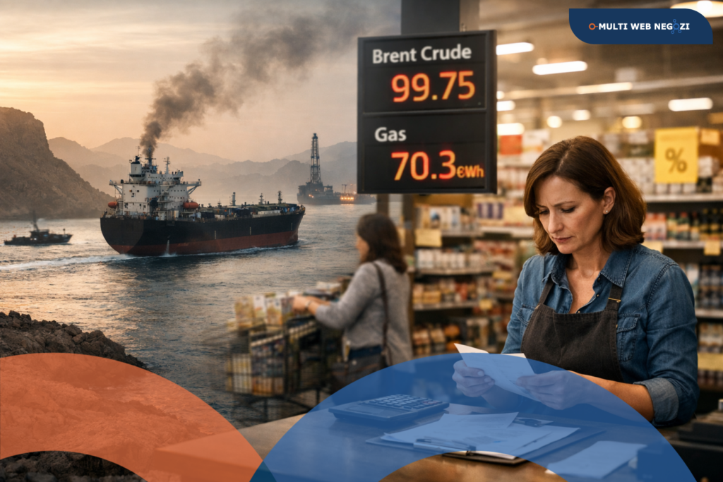 Prezzi di petrolio e gas in aumento mostrati su display mentre una commerciante controlla i conti nel suo negozio, simbolo dell’impatto dei costi energetici sul commercio