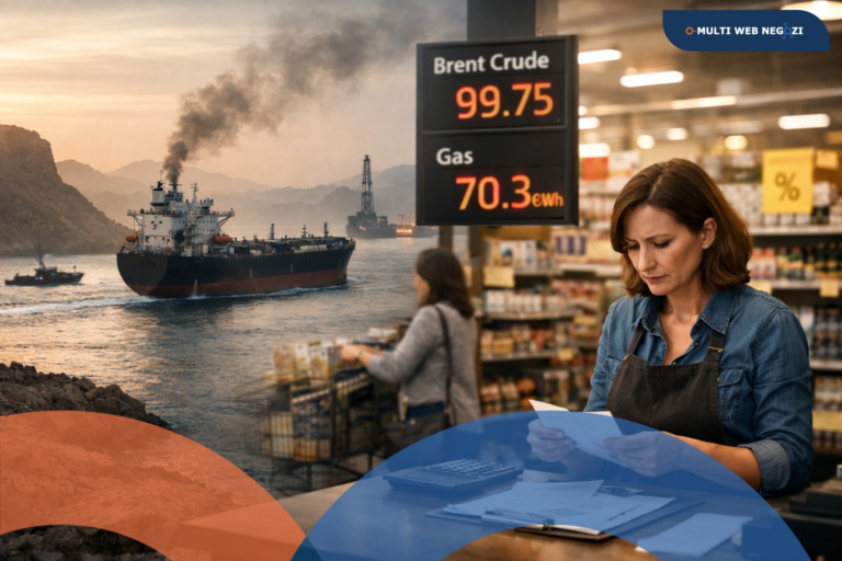 Prezzi di petrolio e gas in aumento mostrati su display mentre una commerciante controlla i conti nel suo negozio, simbolo dell’impatto dei costi energetici sul commercio