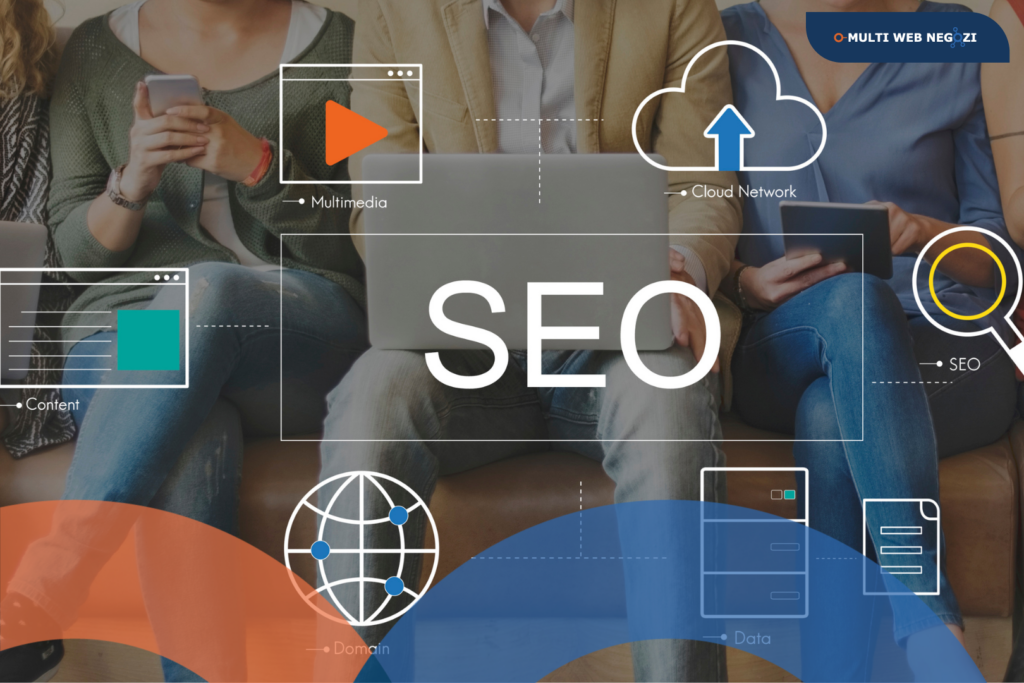 Persone con laptop e smartphone con grafica SEO sovrapposta, simbolo dell’ottimizzazione per motori di ricerca per negozi ed eCommerce.