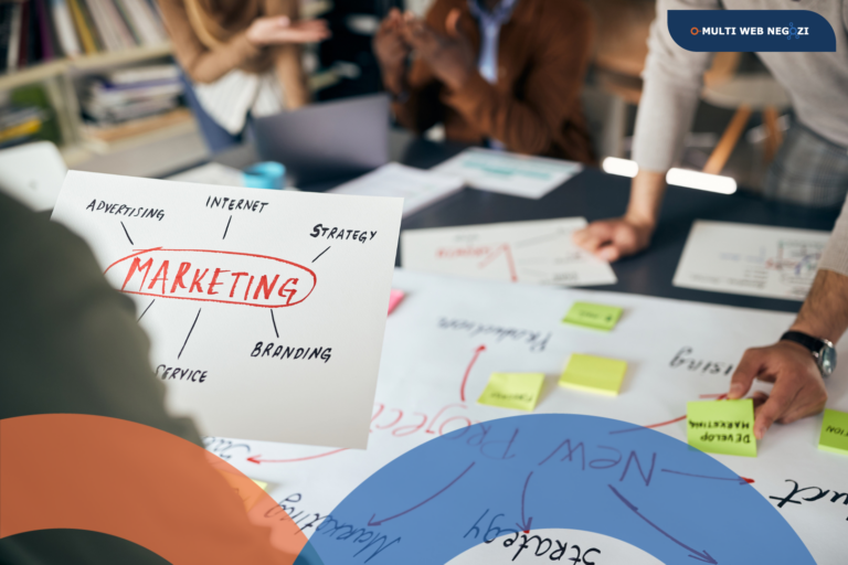 Team di lavoro che analizza strategie di marketing con schema su foglio e la parola “marketing” evidenziata, durante una riunione di pianificazione aziendale.
