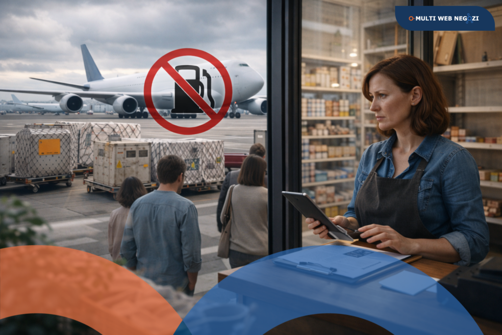 Una donna in grembiule all'interno di un negozio guarda con preoccupazione un aereo fermo sulla pista attraverso una vetrata. Sulla finestra è applicato un simbolo di divieto rosso sopra l’icona di una pompa di carburante. Sullo sfondo si vedono container e passeggeri.