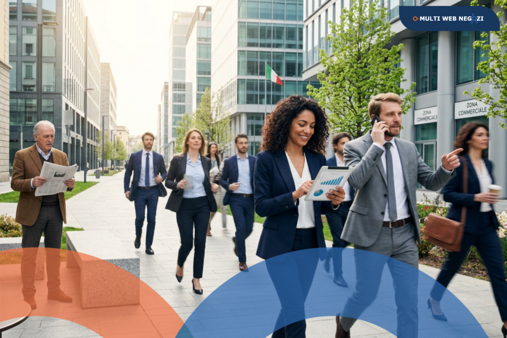 Gruppo di professionisti e imprenditori che camminano con determinazione in un moderno distretto direzionale italiano. In primo piano, una donna consulta un tablet con grafici di crescita, mentre intorno a lei l'attività ferve tra uffici e zone commerciali.
