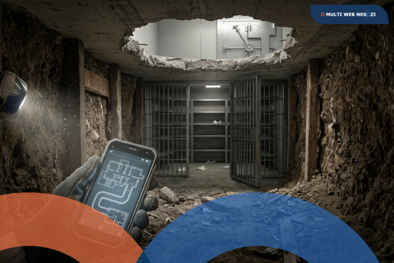 Illustrazione concettuale di una rapina in un caveau: vista dal basso attraverso un buco nel soffitto di un tunnel scavato nel terreno. In primo piano, una mano guantata tiene uno smartphone che mostra una planimetria digitale del tunnel. Sullo sfondo, le grate aperte di un caveau blindato.