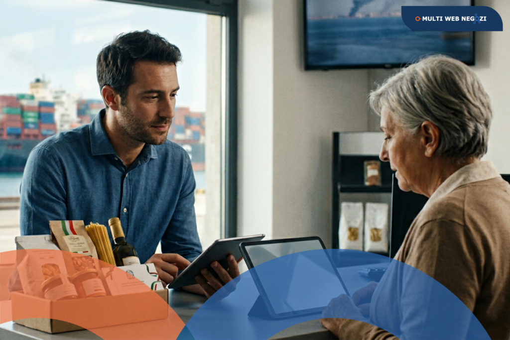 Un consulente mostra su un tablet dati e soluzioni a una commerciante davanti a una confezione di prodotti tipici italiani. Dalla vetrata alle spalle si vede un porto commerciale con navi cargo, simbolo delle rotte globali e delle sfide logistiche attuali.
