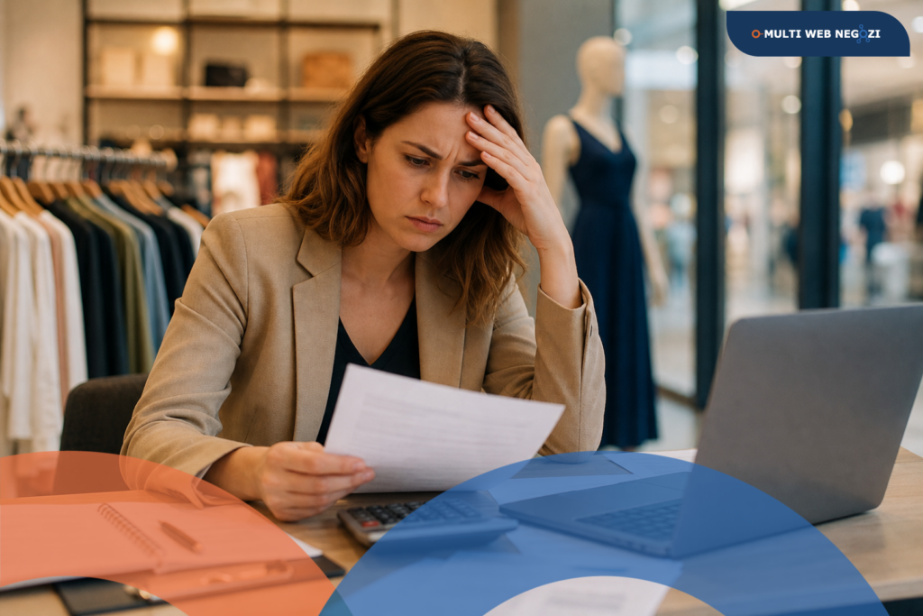 Una commerciante preoccupata guarda un documento nel suo negozio di abbigliamento, seduta davanti a un computer portatile.