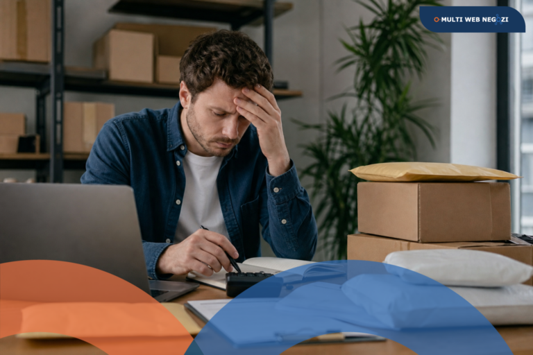 Un commerciante preoccupato seduto alla scrivania con un computer portatile, una calcolatrice e diversi pacchi da spedire o resi pronti sul tavolo; sullo sfondo scaffali di magazzino con scatole di cartone.