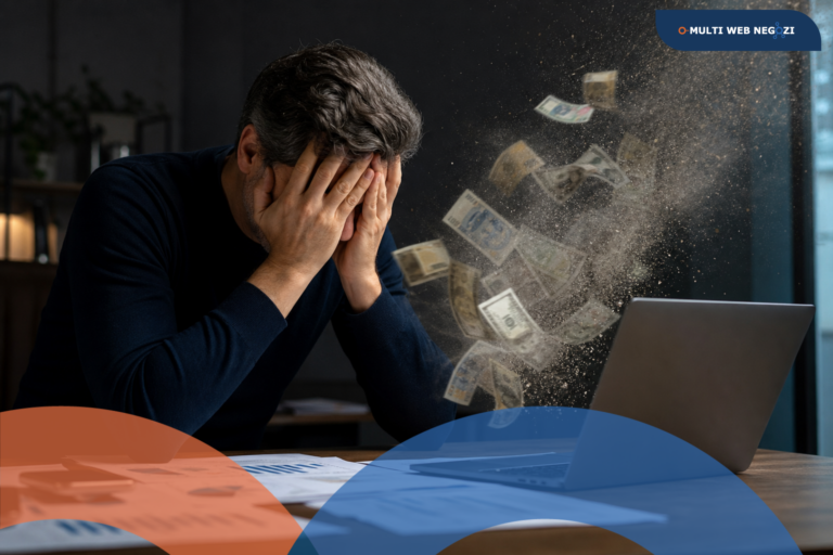 Un uomo disperato con la testa tra le mani davanti a un computer portatile da cui volano via banconote di dollari che si dissolvono in polvere.